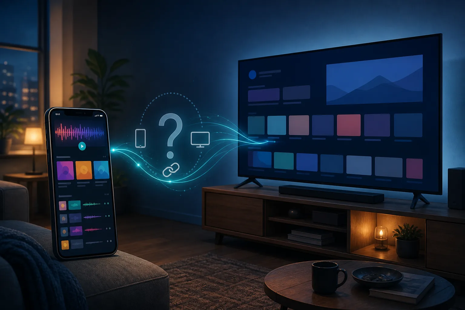 Illustration éditoriale d’un téléphone, d’un téléviseur et d’une question de compatibilité MetroList Android TV