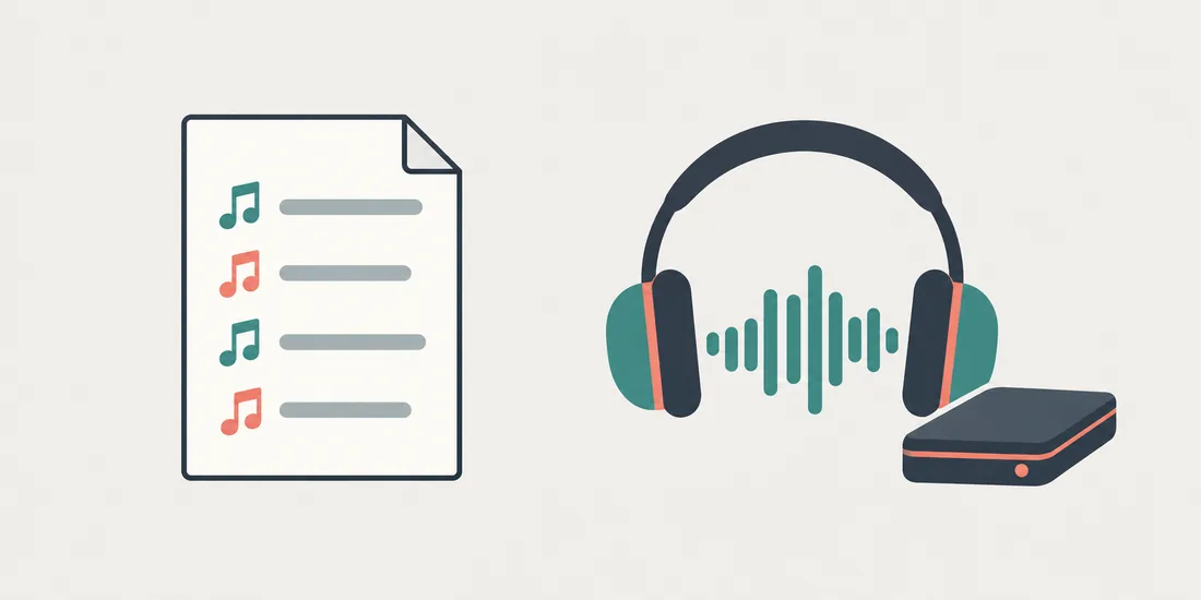 Ilustração que compara um arquivo de dados da playlist com áudio salvo para ouvir offline