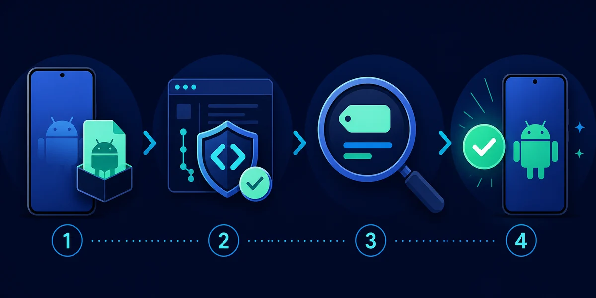Ilustração editorial com quatro etapas para verificar um download de APK Android