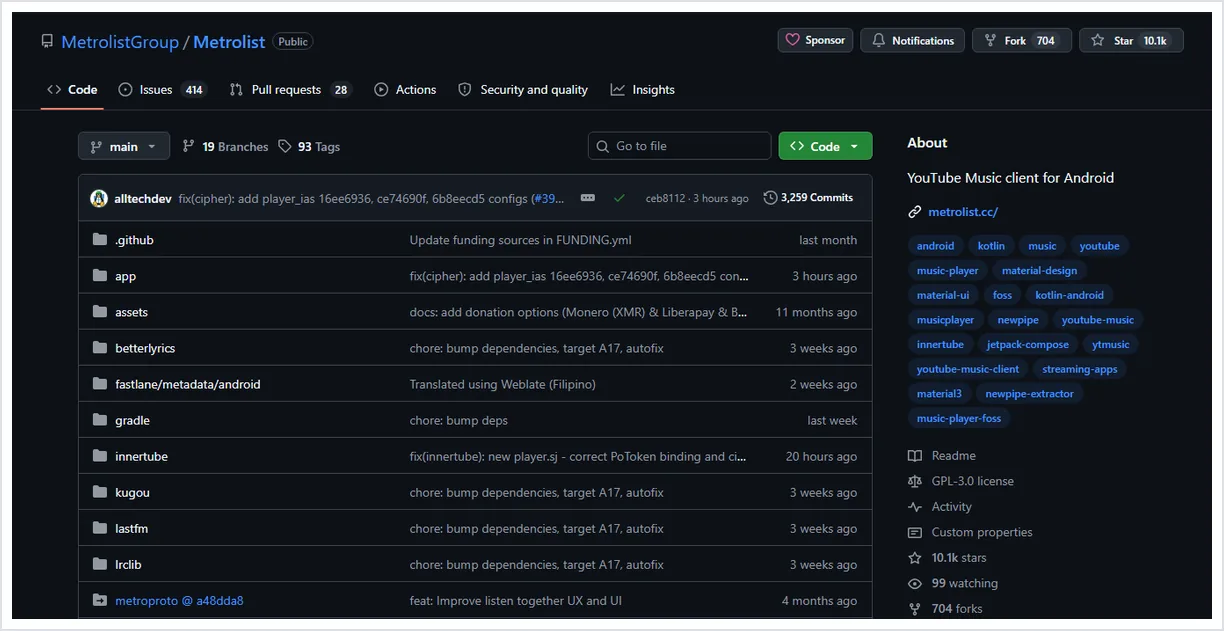 Captura do repositório oficial do MetroList no GitHub para verificar releases e código-fonte