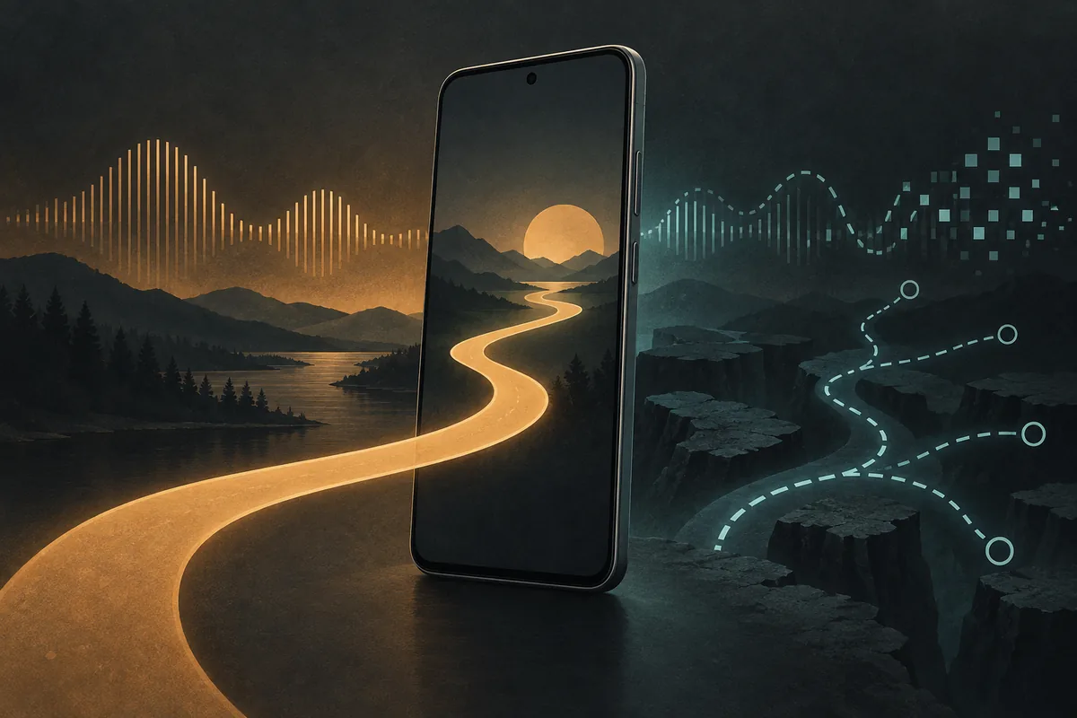 Redaktionelle Illustration mit einem stabilen Android-Pfad neben einem abzweigenden experimentellen KMP-Pfad