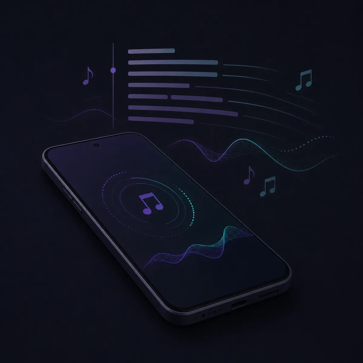 Ilustración editorial de un teléfono, una onda de música y líneas de letras sincronizadas