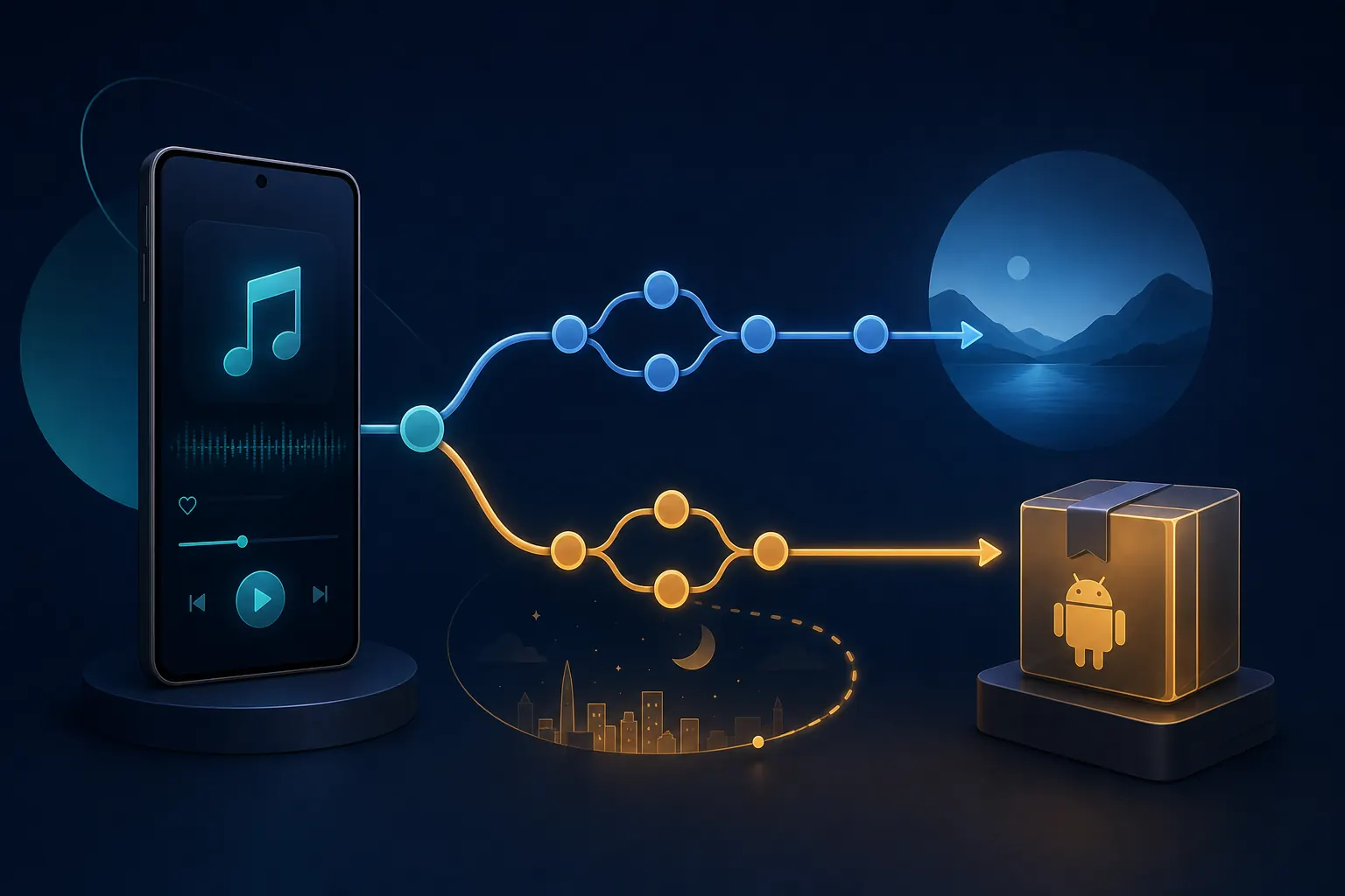 Editorial illustration of a MetroList music app branching into stable and nightly Android builds