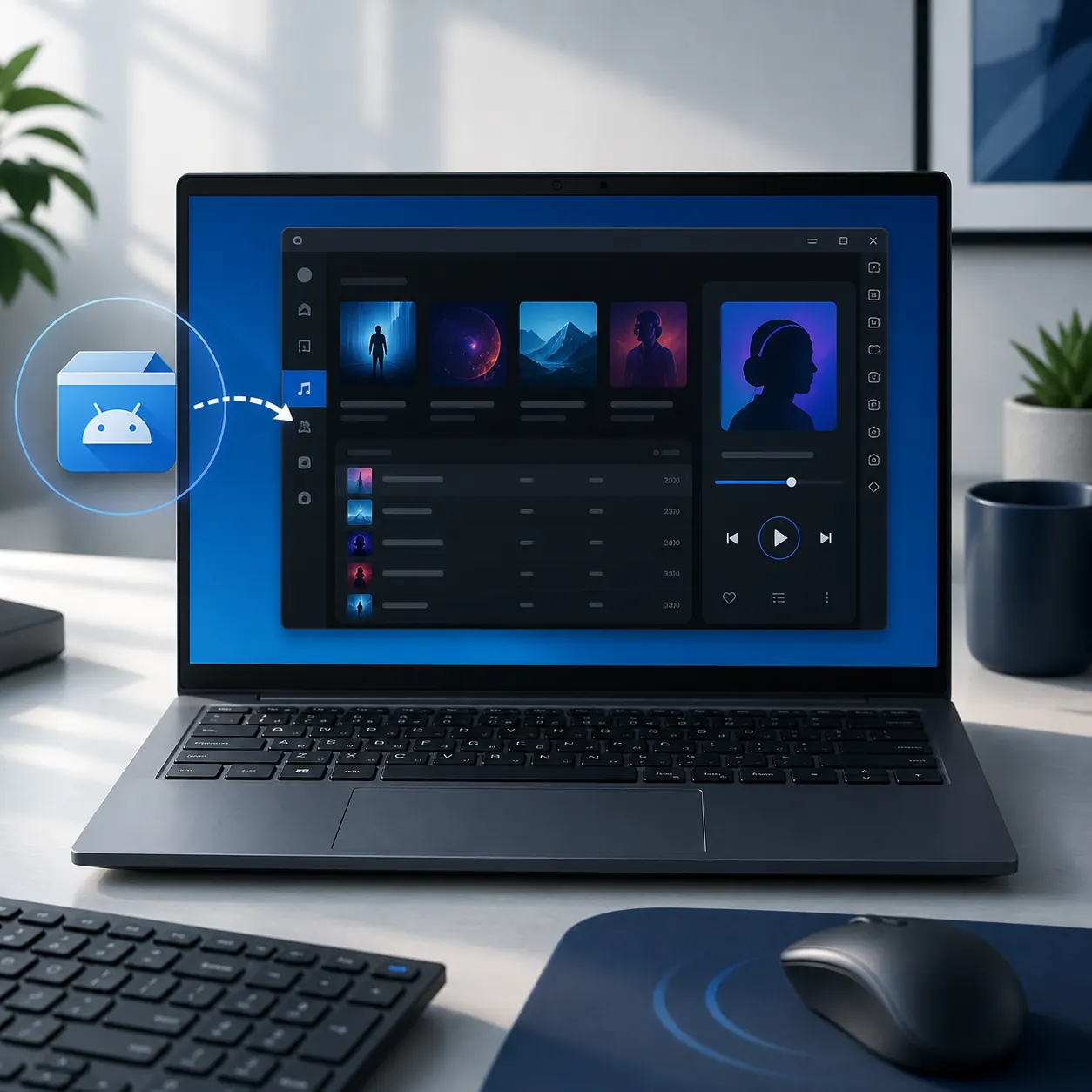 Conceptual illustration of an Android music APK running in an emulator on a Windows laptop